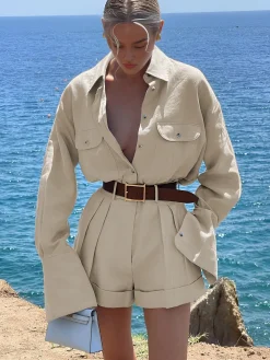 Long Sleeve Collared Pleated Shorts Set