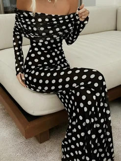 Long Sleeve Off-Shoulder Polka Dot Print Long Dress