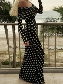 Long Sleeve Off-Shoulder Polka Dot Print Long Dress