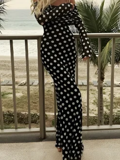 Long Sleeve Off-Shoulder Polka Dot Print Long Dress