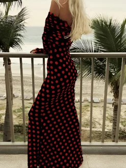 Long Sleeve Off-Shoulder Polka Dot Print Long Dress