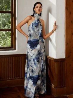 Love Era Tie Dye Satin Halter Long Dress