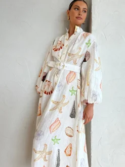 Marine Life Print Button-Front Belted Long Dress