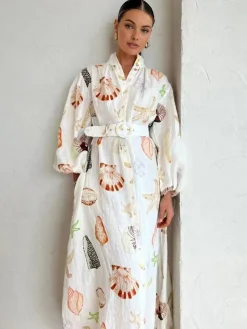 Marine Life Print Button-Front Belted Long Dress