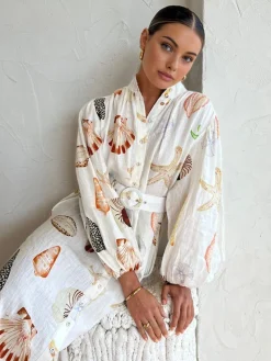Marine Life Print Button-Front Belted Long Dress