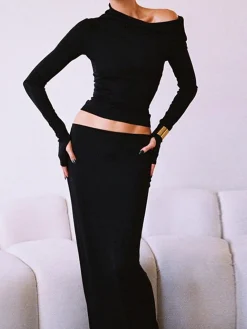 Matte Jersey One Shoulder Off Maxi Skirt Set