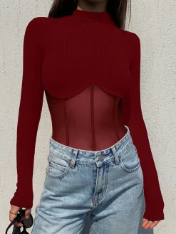 Mesh Combination Corset Long Sleeve Top