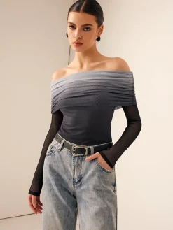 Mesh Ruched Off Shoulder Ombre Blouse