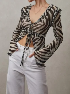 Mesh Ruffle Detail Knotted Top