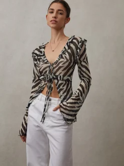 Mesh Ruffle Detail Knotted Top