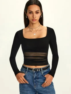 Mesh Square Neck Semi-Sheer Blouse