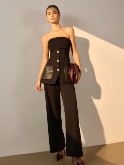 Metal Button Pockets Slit Tube Top