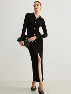 Metal Button-Down Split Lapel Dress