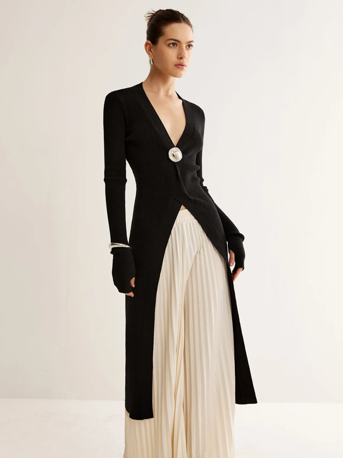 Metal Decor Split Knit Long Top