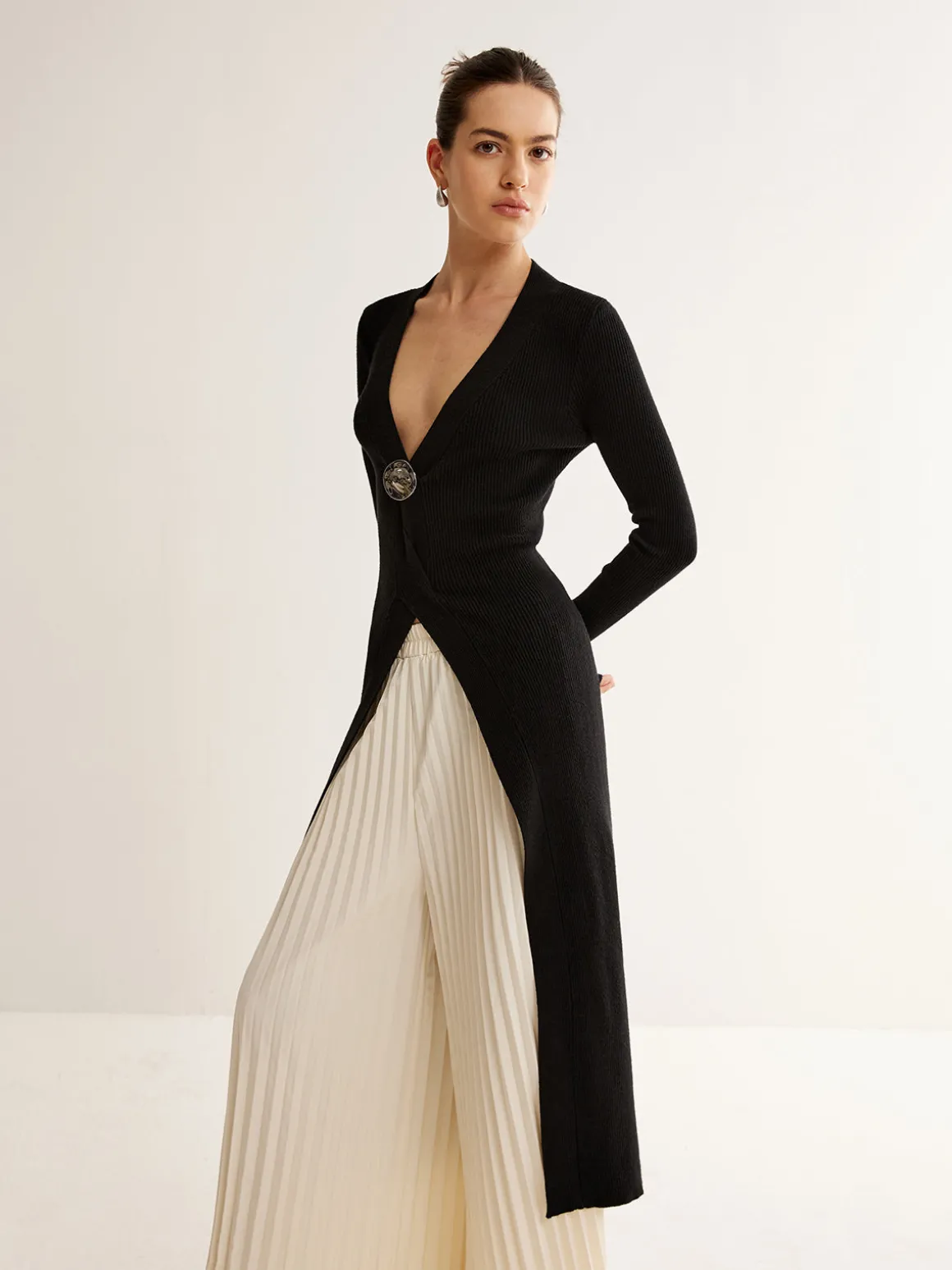 Metal Decor Split Knit Long Top