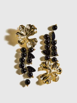 Metal Flower Ball Beaded Tassel Earrings