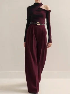 Metal-Belt Pleated High-Waist Pants