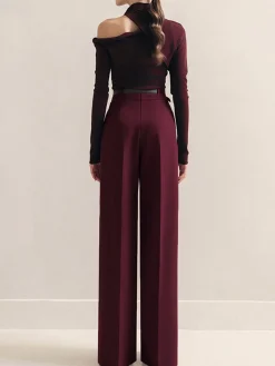 Metal-Belt Pleated High-Waist Pants