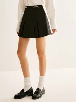 Metal-Belt Pleated Mini Skirt