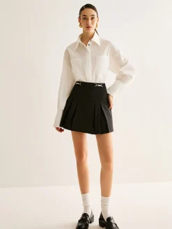 Metal-Belt Pleated Mini Skirt