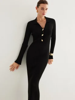 Metal-Button Bell-Sleeve Sweater Long Dress
