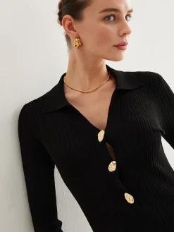 Metal-Button Bell-Sleeve Sweater Long Dress