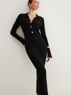 Metal-Button Bell-Sleeve Sweater Long Dress