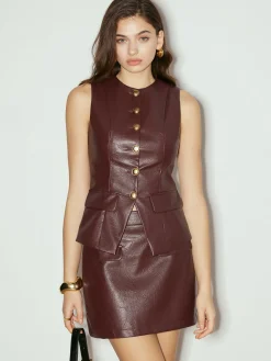 Metal-Button Faux Leather Skinny Vest