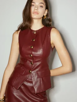 Metal-Button Faux Leather Skinny Vest