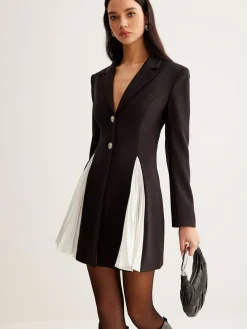 Metal-Button Pleated Blazer Dress