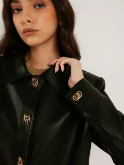 Metal-Button PU Leather Short Jacket