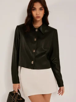 Metal-Button PU Leather Short Jacket