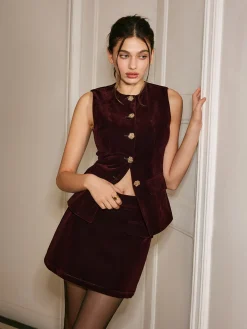 Metal-Button Velvet Cinched Vest