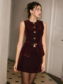 Metal-Button Velvet Cinched Vest