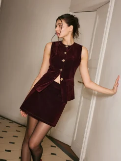 Metal-Button Velvet Cinched Vest