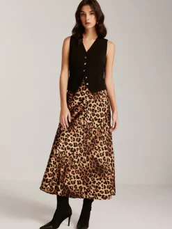 Metal-Button Vest With Leopard Zipper Skirt Set