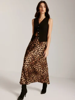 Metal-Button Vest With Leopard Zipper Skirt Set