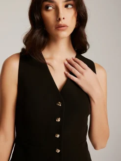 Metal-Button Vest With Leopard Zipper Skirt Set