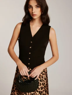 Metal-Button Vest With Leopard Zipper Skirt Set