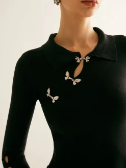 Metal-Decor Cutout Lapel Crop Sweater
