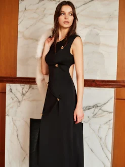 Metal-Detail Backless Pleated Tank Dress