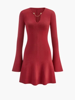 Metal-Detail Bell Sleeve Sweater Short Dress