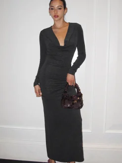 Metal-Detail Cowl Neck Slim Jersey Dress