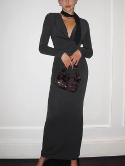 Metal-Detail Cowl Neck Slim Jersey Dress