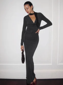 Metal-Detail Cowl Neck Slim Jersey Dress