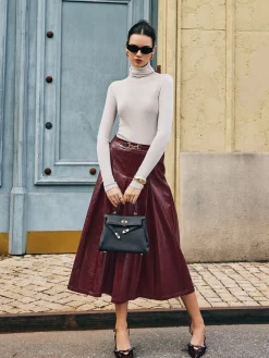 Metal-Detail Pleated Faux Leather Skirt
