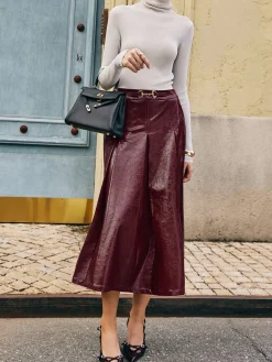 Metal-Detail Pleated Faux Leather Skirt