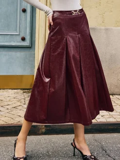 Metal-Detail Pleated Faux Leather Skirt