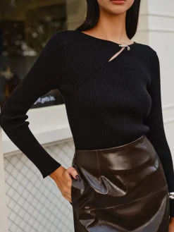 Metal-Detail Ribbed Slim Sweater