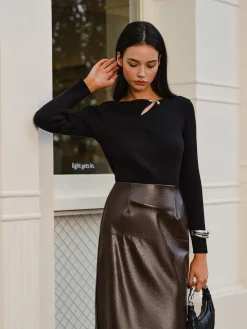 Metal-Detail Ribbed Slim Sweater